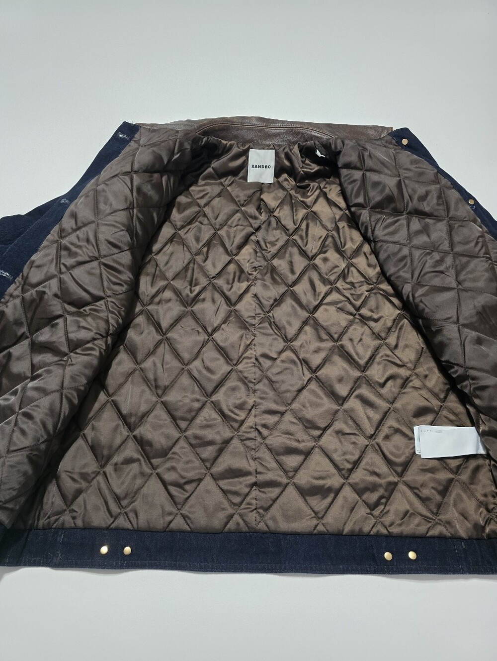 Sandro Raphael Denim Jacket With Leather Detail Long Sleeve Front Button Size L - Picture 13 of 16